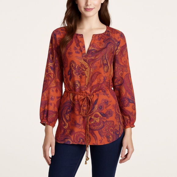 NWOT Ralph Lauren Silk Paisley Boho Blouse Belted Size PS Pink Orange Fuchsia - Picture 1 of 9